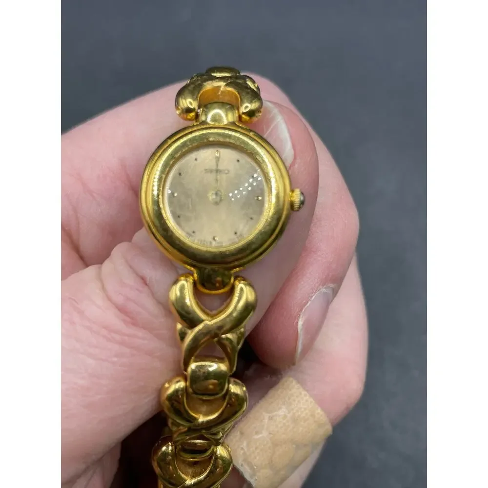 Vintage Seiko March Gold Tone Base Metal Watch 19.3mm Unique Bracelet Band